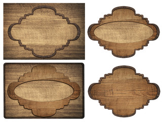 Wall Mural - set of brown wooden signboard, plates, planks and dark frames