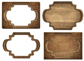 Wall Mural - set of brown wooden signboard, plates, planks and dark frames