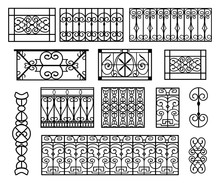Set Of Wrought Iron Modules Suitable To Create Balconies Or Repetitive Decorations. Vintage Decorations Reminding The Belle Epoque Age. Isolated Black And White.