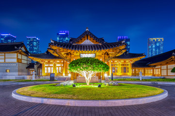 traditional korean style architecture at night in seoul,korea