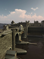 Fototapete - Illustration of an old European Medieval bridge with gatehouse and half-timbered buildings, leading across a quiet river to the old town, 3d digitally rendered illustration
