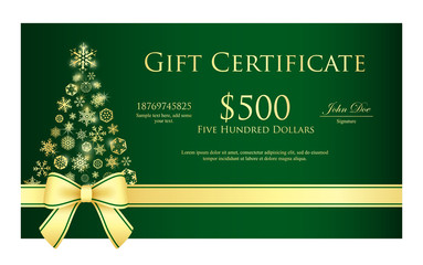 Green Christmas gift certificate with Christmas tree composed from golden snowflakes