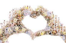 A Large Number Of Photographs Of People, Forms An Image Of The Heart. Collage Isolated On White Background. Design Idea Edges Are Not Smooth With Protruding Photos
