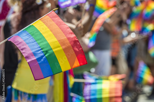 Cuadros en Lienzo GayPride spectators carrying Rainbow gay flags during Montreal Pride Parade