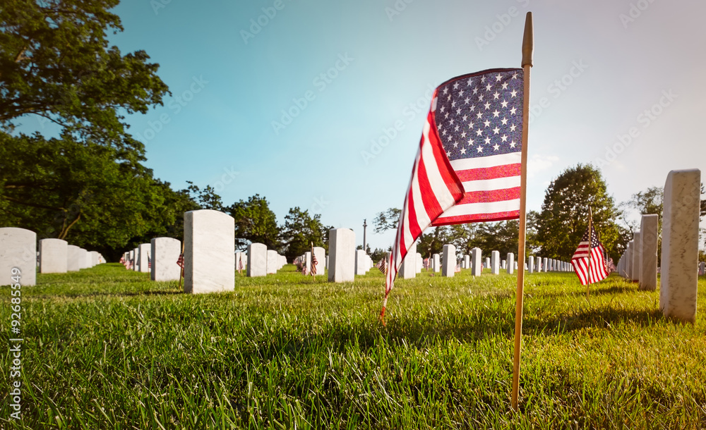 Washington DC Arlington National Cemetery on Memorial Day. Ground level perspective with flag. - obrazy, fototapety, plakaty 