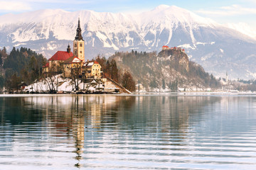 Canvas Print - Church of the Assumption on the island in lake Bled