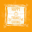 happy thanksgiving in frame with pumpkin and leaves over orange