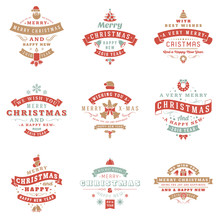 Set Of Retro Vintage Typographic Merry Christmas And Happy New Year Badges. Vector Illustration In Retro Colors