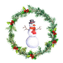 Snowman In Christmas Wreath With Fir Tree Branches. Watercolor