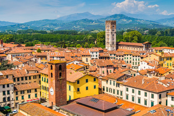 View over Italian town Lucca with typical terracotta roofs