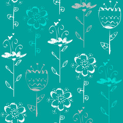 Seamless pattern with light sketch flowers on blue background