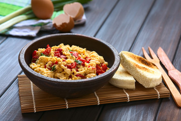 Wall Mural - Scrambled eggs made with red bell pepper and green onion in rustic bowl with toasted bread on the side, photographed with natural light (Selective Focus, Focus one third into the eggs)
