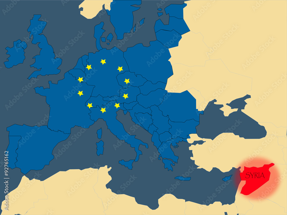 Migration to Europe. Illustrative map of immigration route to the EU from Africa and Asia. Map with flag of European Union.