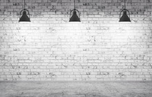 Brick Wall, Concrete Floor And Lamps  Background 3d Render