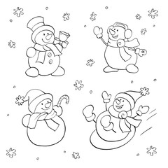 Coloring book. Vector set with fanny snowman.