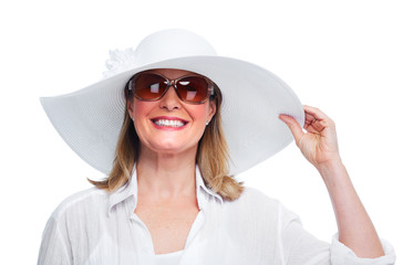 Sticker - Happy senior woman in hat and sunglasses.