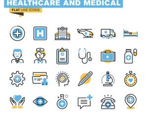 Poster - flat line icons set of health care and medicine theme, medical services, diagnosis and treatment, la