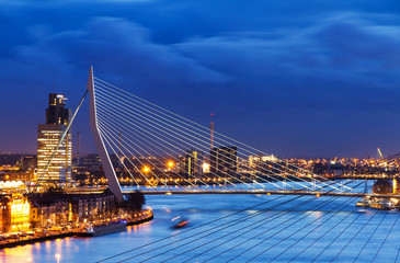 Beautiful twilight view on the bridges over the river Maas (Meuse) in Rotterdam, The Netherlands