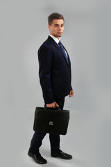 Wall Mural - Elegant man in suit with briefcase on gray background