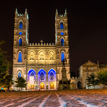 Montreal Notre Dame Basilica Illuminated At Night With Stone Texture