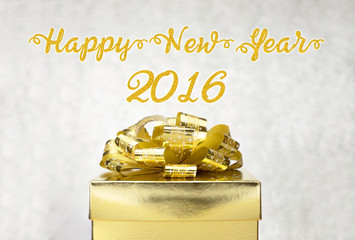 Poster - Golden Present box with Happy New Year 2016 word at bokeh light