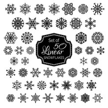 Vector Set Of 50 Linear Snowflakes.
