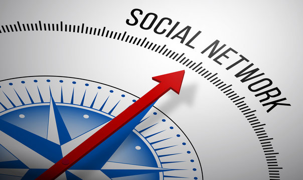 3D rendering of a compass with a Social Network icon.