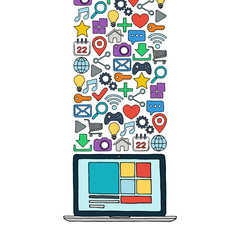 Poster - Hand drawn laptop with color web icons. Vector illustration.