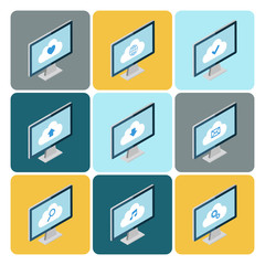 Poster - Isometric cloud computing concept. Set of desktop computers with cloud icons. Vector illustration.