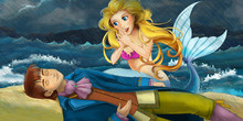 Cartoon Mermaid Helping Prince - Illustration For The Children
