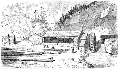 Wall Mural - The sawmill, vintage engraving.