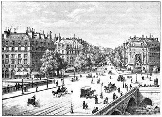 Wall Mural - the bridge, the square and the boulevard saint-michel, vintage e