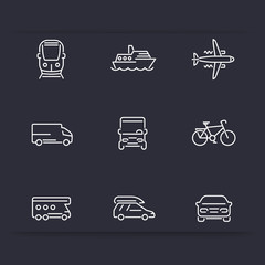 Poster - Transport, car, van, minivan, bus, train, airplane, ship line white icons, vector illustration