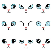 Set Of Funny Cartoon Blue Cat Eyes Isolated On White
