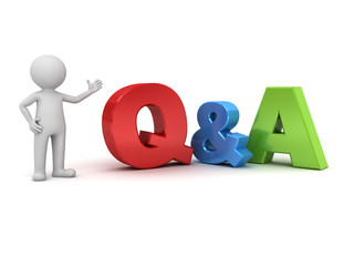 Wall Mural - 3d man standing and presenting Q and A word questions and answers concept isolated over white background