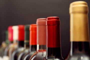 Poster - wine bottles in a row on dark grey background