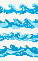 Wall Mural - Set of seamless patterns with stylized waves blue shades