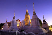 Golden Stupa In Dusk At Acient Temple, Northern Thailand