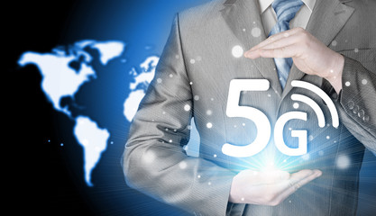 businessman holding in hand 5G, technology background