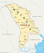 Moldova political map with capital Chisinau, national borders, important cities, rivers and lakes. English labeling and scaling. Illustration.