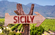 Sicily wooden sign with winery background