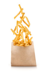 Wall Mural - Fastfood. Flying fried potatoes on white background.