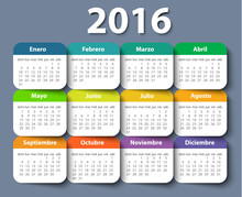 Calendar 2016 Year Vector Design Template In Spanish.