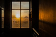 Silhouettes of Dirty glass window with sunset background, Concept for Halloween house or castle