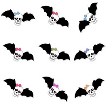 Skulls With Colored Bow And Bat Wings. Seamless Pattern