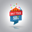 Half price banner with circus. Vector illustration. Can use for promotion advertising.