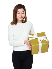 Wall Mural - Young woman hold with present box