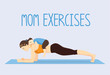 Mother doing abdominal exercises on blue mat by daughter lying on her back. Healthy lifestyle concept