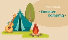 Summer Tourist Camping - Tent And Campfire.