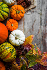 colorful pumpkins and fall leaves on rustic wooden background